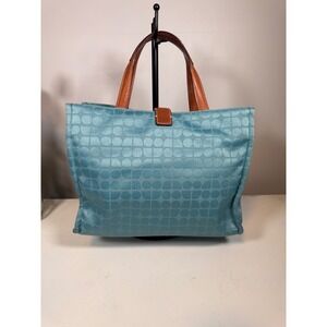 Kate Spade New York Aqua Blue Dot Noel Jacquard Tote Bag with Tan Leather Trim